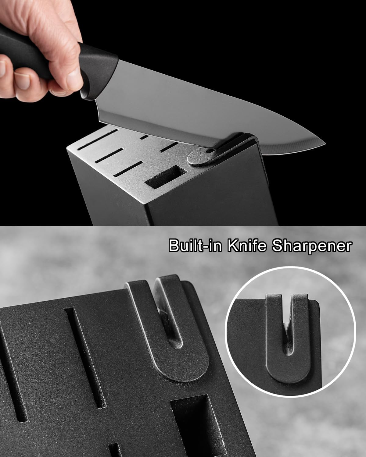 KUNYUAN Kitchen Knife Set, 15-Piece Knife Set with Self-Sharpening Block, Ergonomic Design, 6 Steak Knives, Anti-Slip Handle, Black