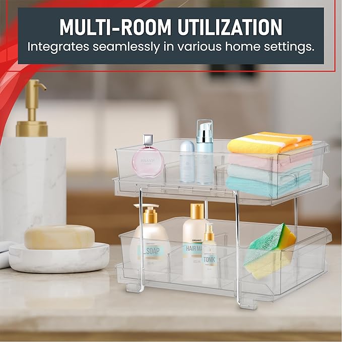 Masirs 2-Tier Clear Pull-Out Drawer Organizer - Sleek, Compact & Sturdy Makeup and Closet Organizer - Easy Assembly Kitchen Storage Solution, Ideal for Makeup, Tools, Medicines & Snacks
