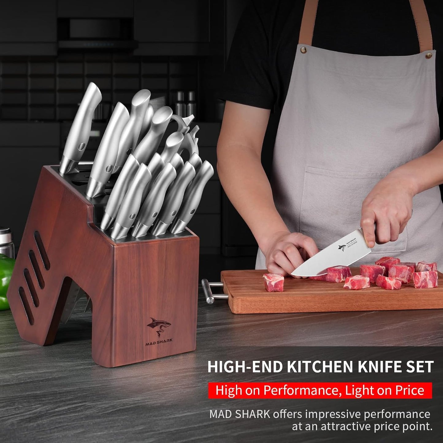 MAD SHARK Knife Set for Kitchen with Block, 17pc Cutlery Set, Built-in Sharpener, German Stainless Steel, Non-slip Ergonomic Handle, Dishwasher Safe