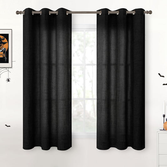 YoungsTex Black Linen Curtains 54 Inch Length for Short Window, Semi Sheer Drapes with Bronze Grommet Light Filtering Privacy for Kitchen Living Room, 42 x 54 Inch, 2 Panels