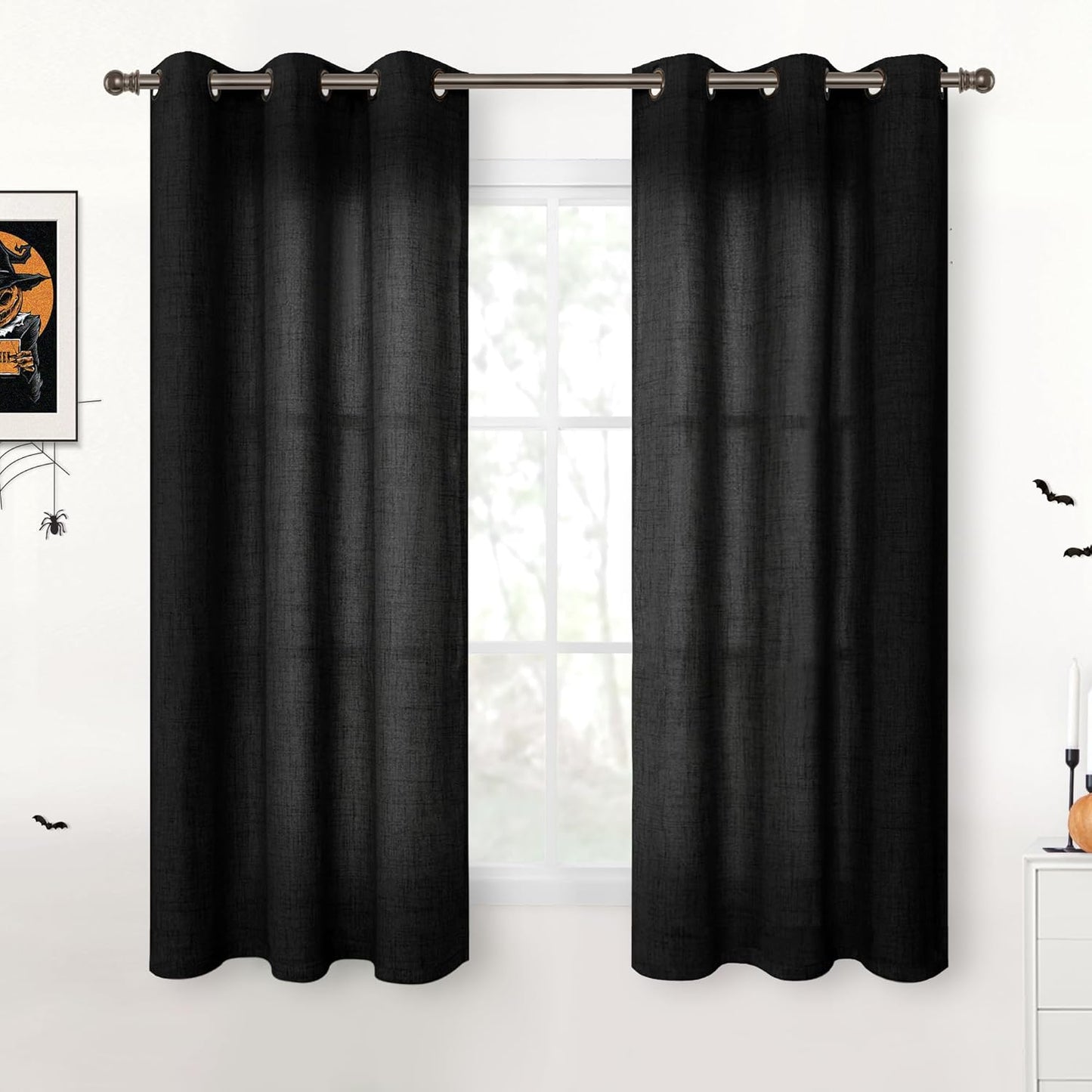 YoungsTex Black Linen Curtains 48 Inch Length for Short Windows, Light Filtering Semi Sheer Drapes with Bronze Grommet Privacy Halloween Decor for Kitchen Bathroom Living Room, 42 x 48 Inch, 2 Panels