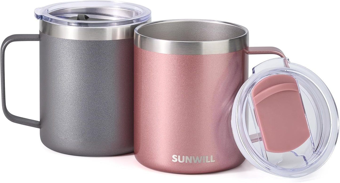 SUNWILL Travel Coffee Mug with Lid, Insulated Tumbler with Handle, 14 oz Stainless Steel Cup Set of 2 for Camping, Outdoor, Cool Grey & Rose Gold 2 Pack