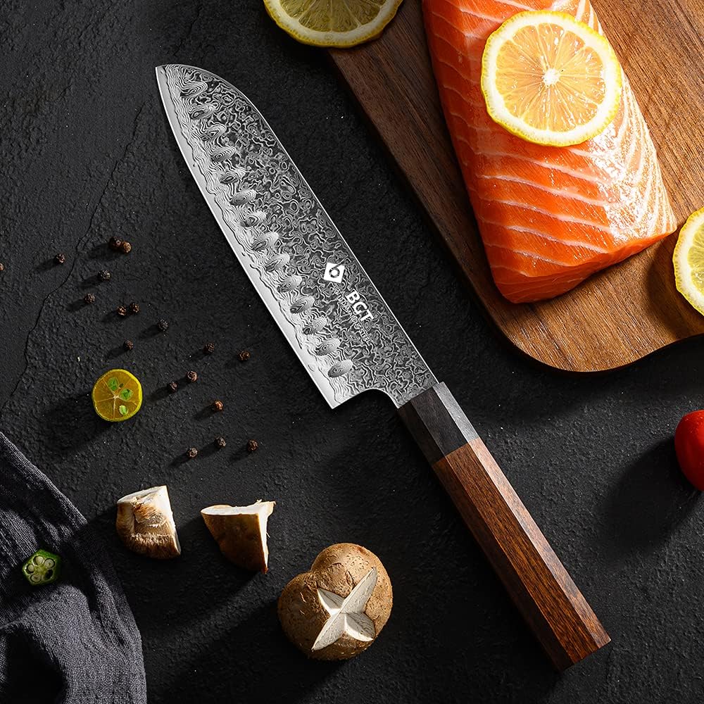 BGT 7 inch Santoku Knife, Japanese Sharp Chef Knife, Japanese VG10 67 layer Damascus Steel Kitchen Knife with Ebony Wood Handle and Gift Box