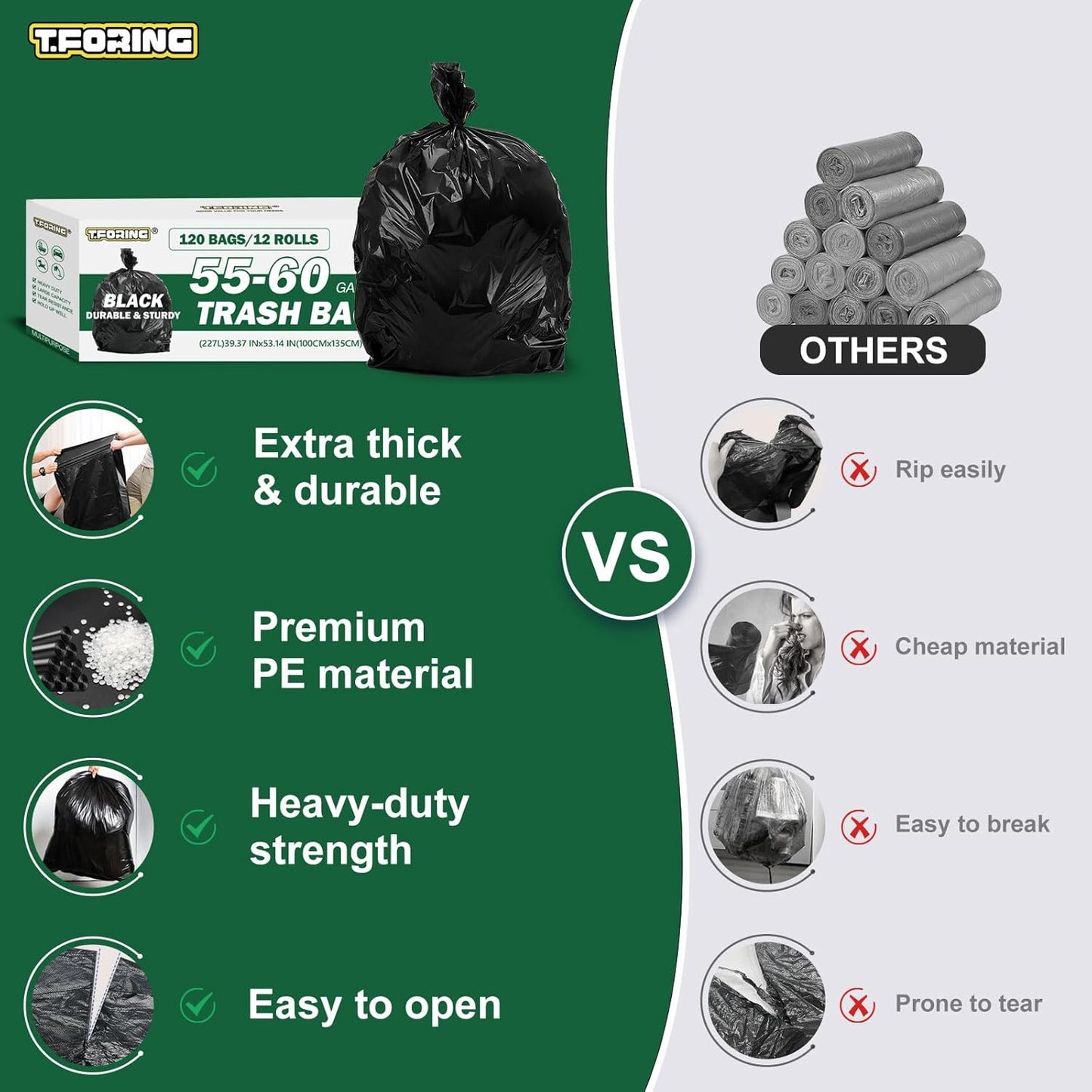 55-60 Gallon Black Trash Bags 120 Count - 40''x53'' Extra Large 50+ Gallon Garbage Bags,Unscented Strong Huge Can Liners for Construction Industrial Yard Outdoor Commercial