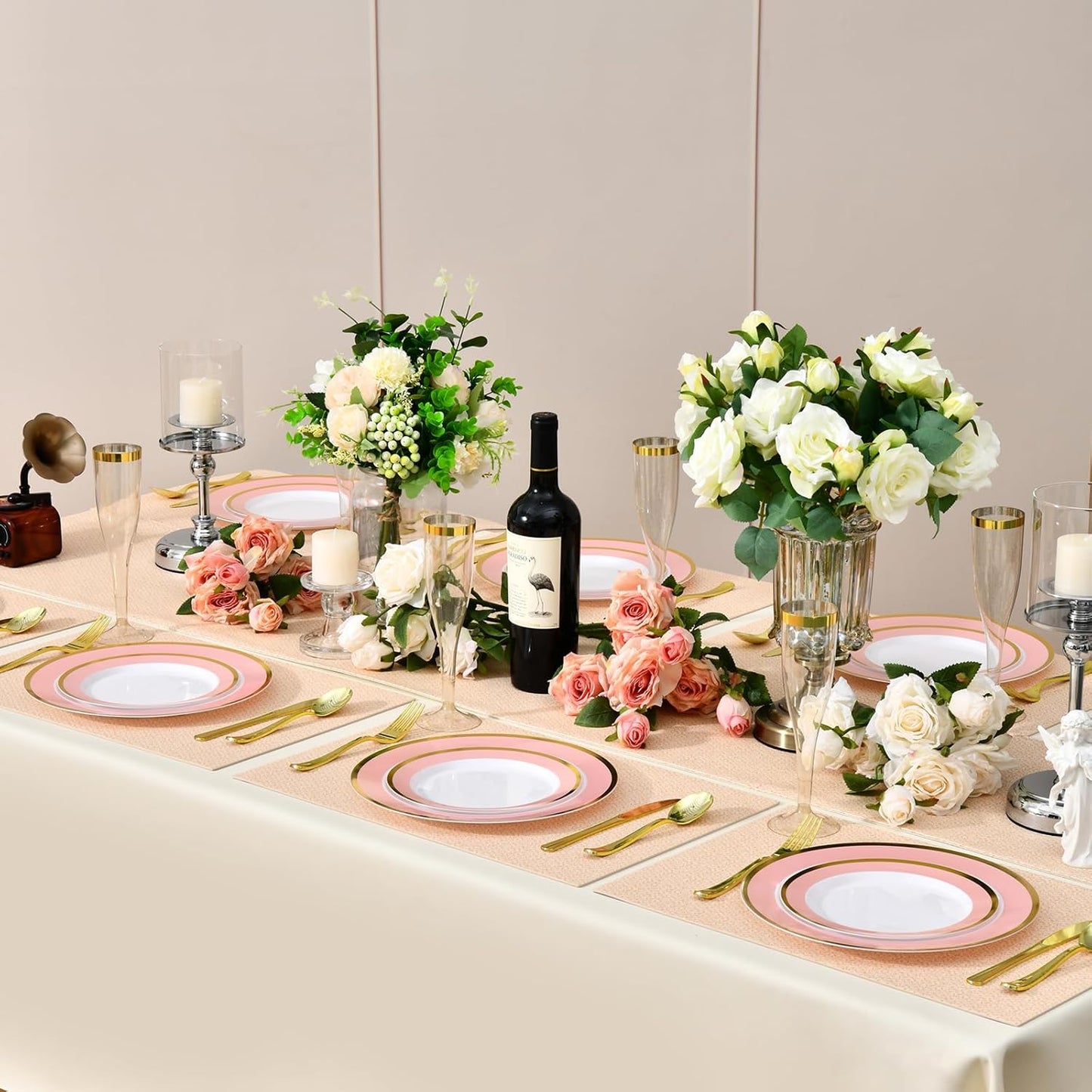 100PCS Pink Disposable Plastic Plates Include 50PCS 10.25inch Dinner Plate and 50PCS 7.5inch Dessert Plate Heavy Duty Plastic Dinnerware for Party Wedding Anniversary New Year