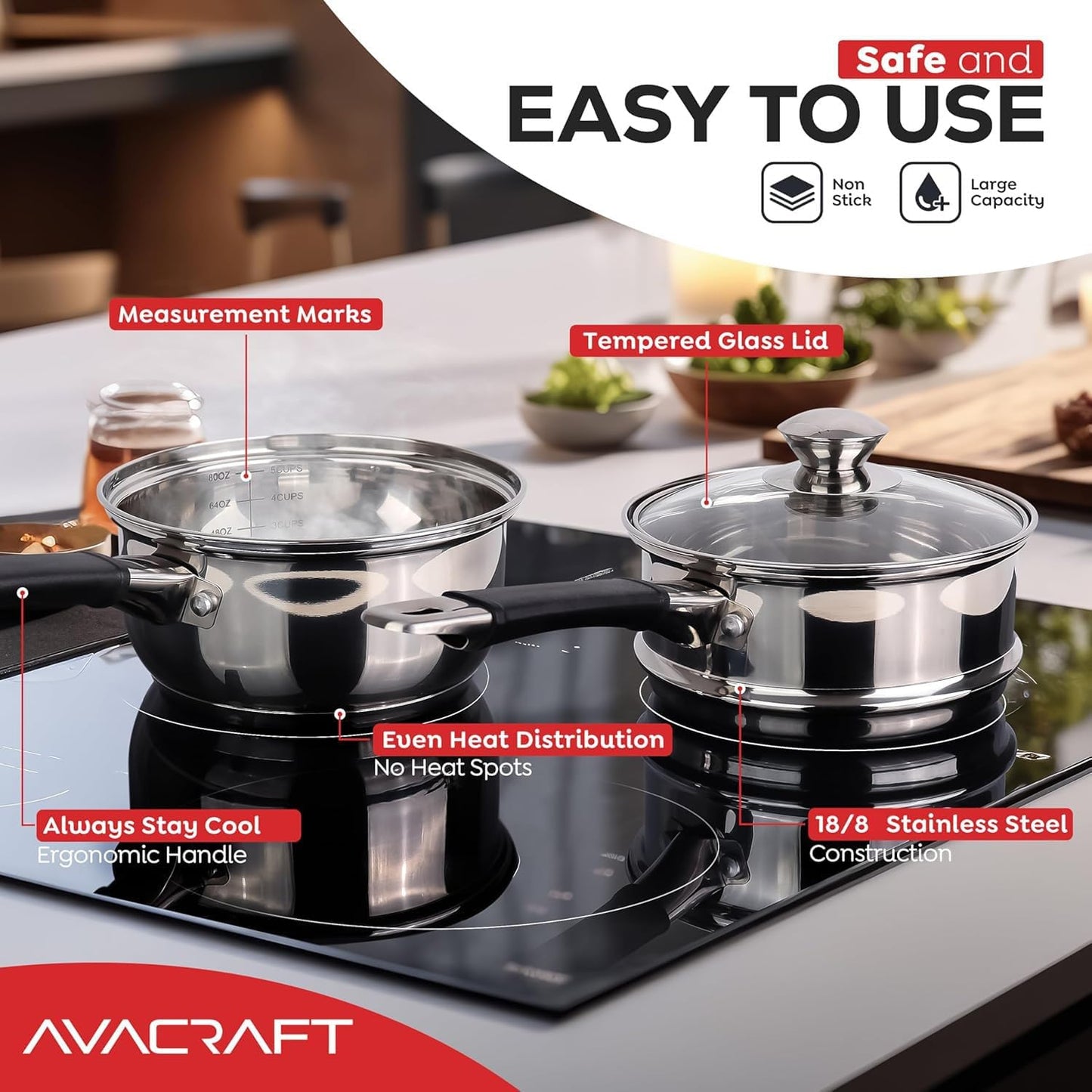 AVACRAFT 18/8 Stainless Steel Double Boiler, 1.5 Quart - Quality Clad Melting Pot for Butter, Chocolate, Cheese, Wax, Sauces - Even Heat, Tempered Glass Lid, Long Handle, Bottom has 5 Layers