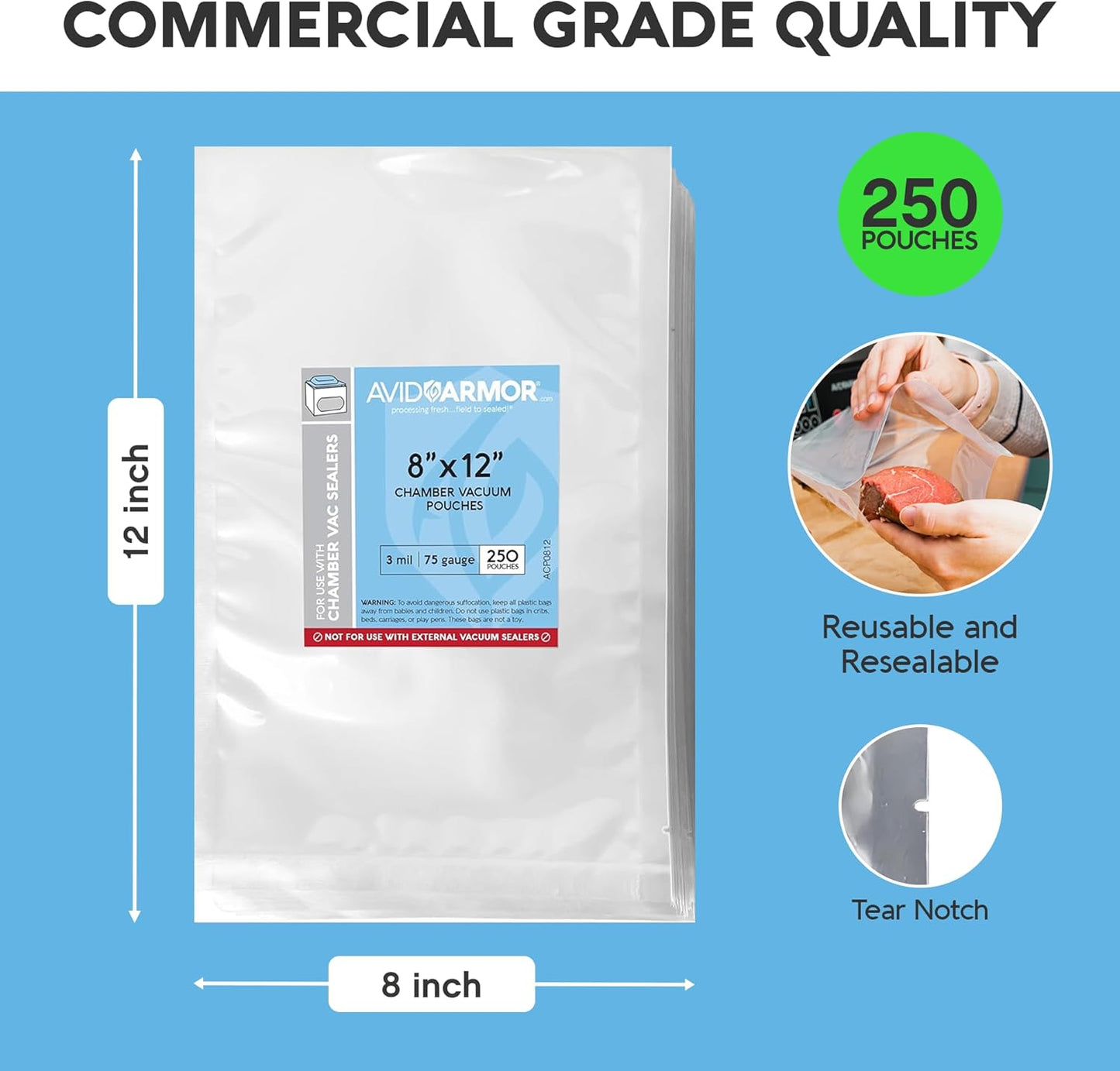 Avid Armor Chamber Vacuum Sealer Bags – Heavy Duty, BPA-Free, Pre-Cut Chamber Vacuum Bags for Food Preservation, Freezer Storage, Sous Vide and more, 250/Pack (8x12) – Multi-Use Vacuum Bags