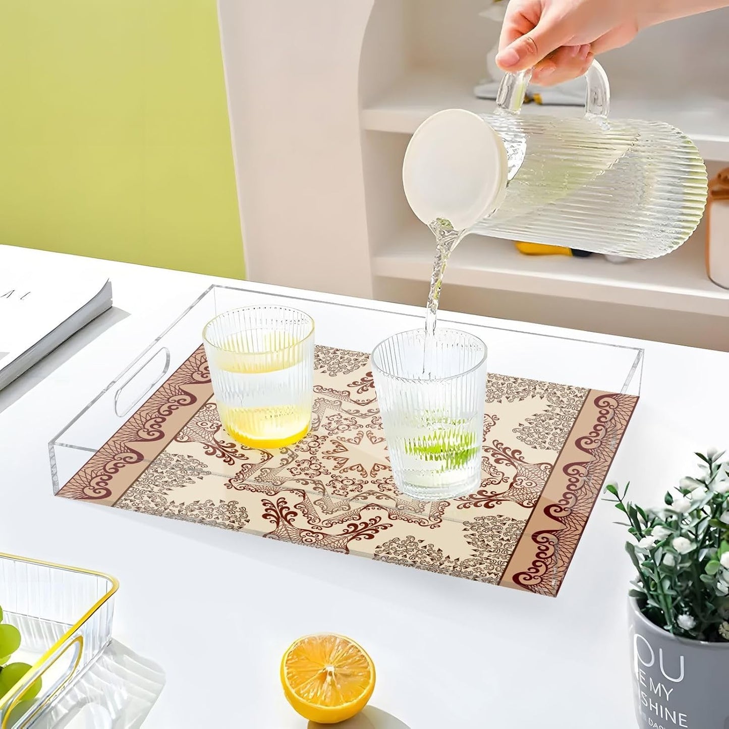 Acrylic Serving Tray with Handles Spill Proof Kitchen Storage Tray Clear Decorative Tray Makeup Drawer Organizer Storage Tray for Bathroom Living Room Ottoman 15.7x11.8Inches