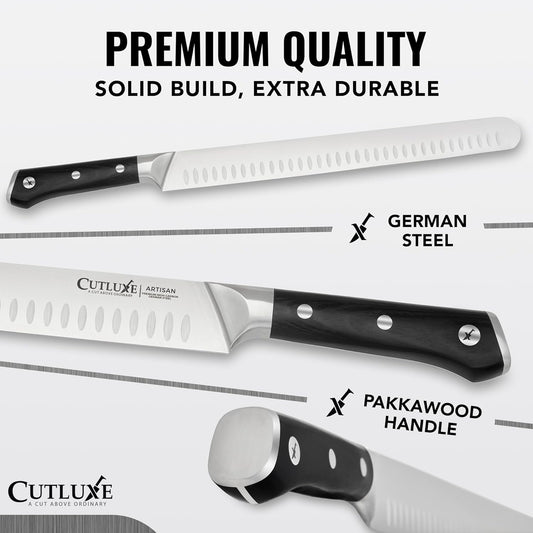 Cutluxe Brisket Knife – 12" Carving & Slicing Knife for Meat & BBQ – Razor Sharp German Steel, Sheath Included, Ergonomic Full Tang Handle Design – Artisan Series