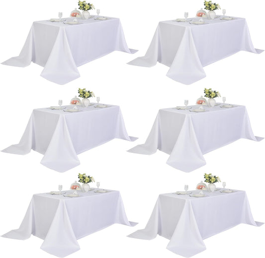 6-Pack 90x156 inch White Table Cloths, Solid Stain and Wrinkle Resistant Oblong Tablecloth, Premium Plain Weave Polyester Fabric Rectangle Table Linen Covers for Hotel, Banquet