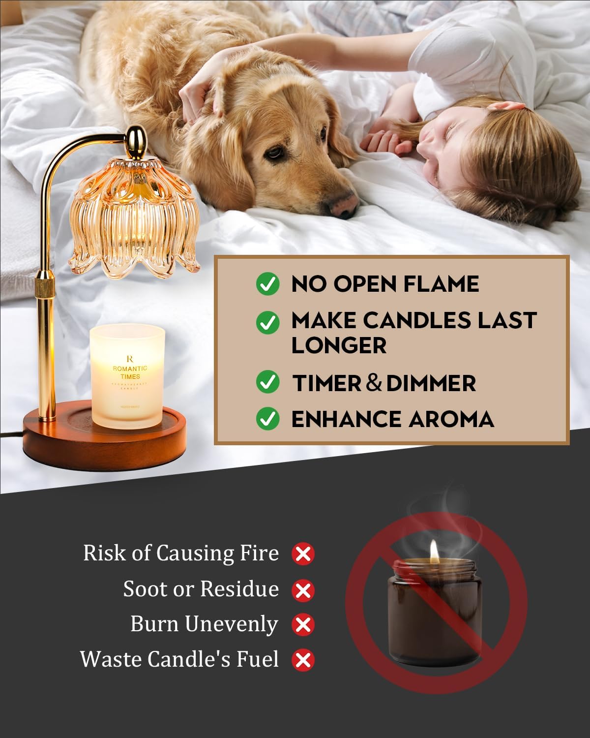Candle Warmer Lamp with Timer Dimmable, Height Adjustable, Birthday Gifts for Women Mom, Suitable for New Home Decoration, Christmas Gift Lotus Flower Candle lamp,With 2 bulbs,Suitable for Jar Candles