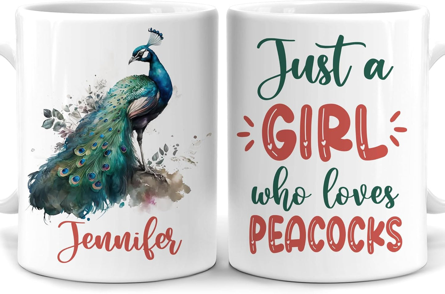 Hyturtle Personalized Gifts Peacock Lover - Just A Girl Who Loves Peacocks Custom Name Ceramic Coffee Mug Cup 11oz - Idea Cute Animal Lover Gifts For Women, Girl Daughter On Birthday, Christmas