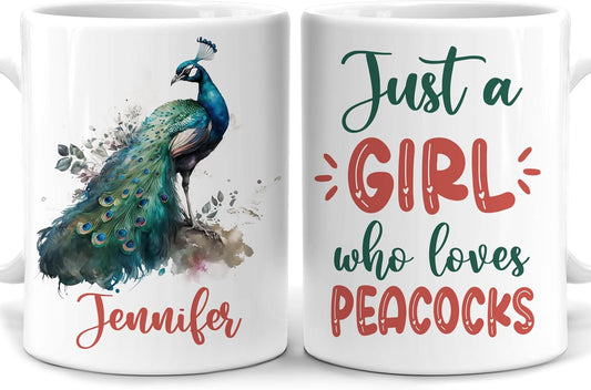 Hyturtle Personalized Gifts Peacock Lover - Just A Girl Who Loves Peacocks Custom Name Ceramic Coffee Mug Cup 11oz - Idea Cute Animal Lover Gifts For Women, Girl Daughter On Birthday, Christmas