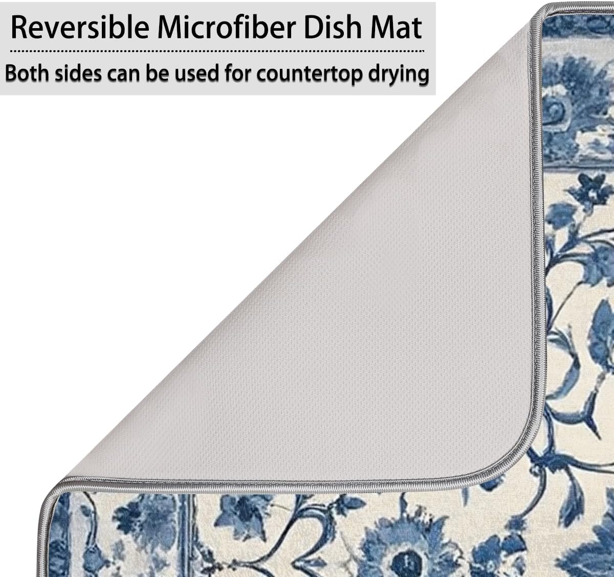 Dish Drying Mats for Kitchen - Super Absorbent Dish Dryer Mat for Countertops Microfiber Dishes Drainer Pad Hide Stain Draining Rack Mat Gadgets for Easy Clean Multi-Use 16"x18",Blue and White
