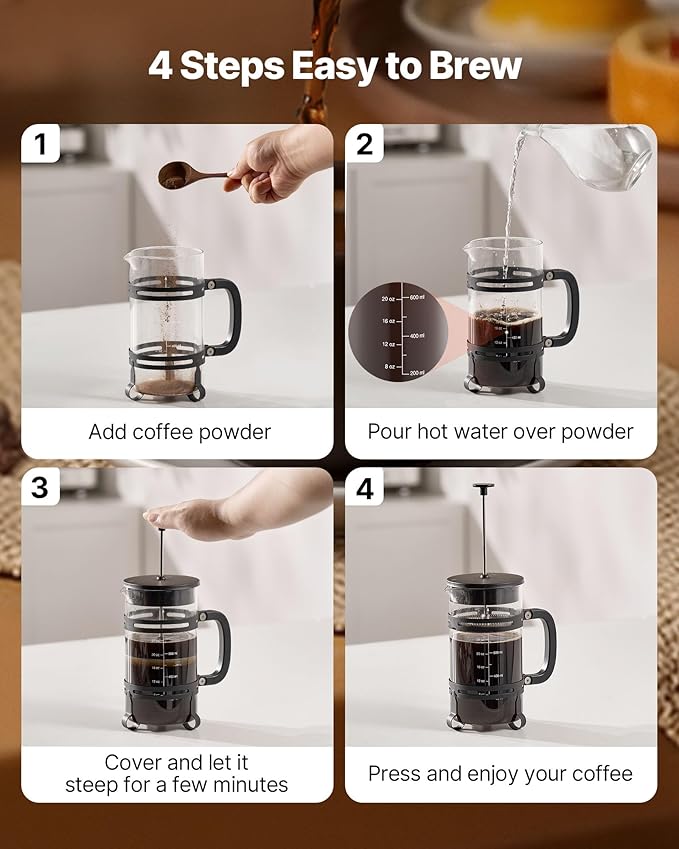 VEVOR French Press Coffee Maker, 34 Ounce 1 Liter Borosilicate Glass Coffee Press Tea Maker with Stainless Steel Filter, Large Glass French Presses Cold Brew for Camping Travel Home Kitchen, Black