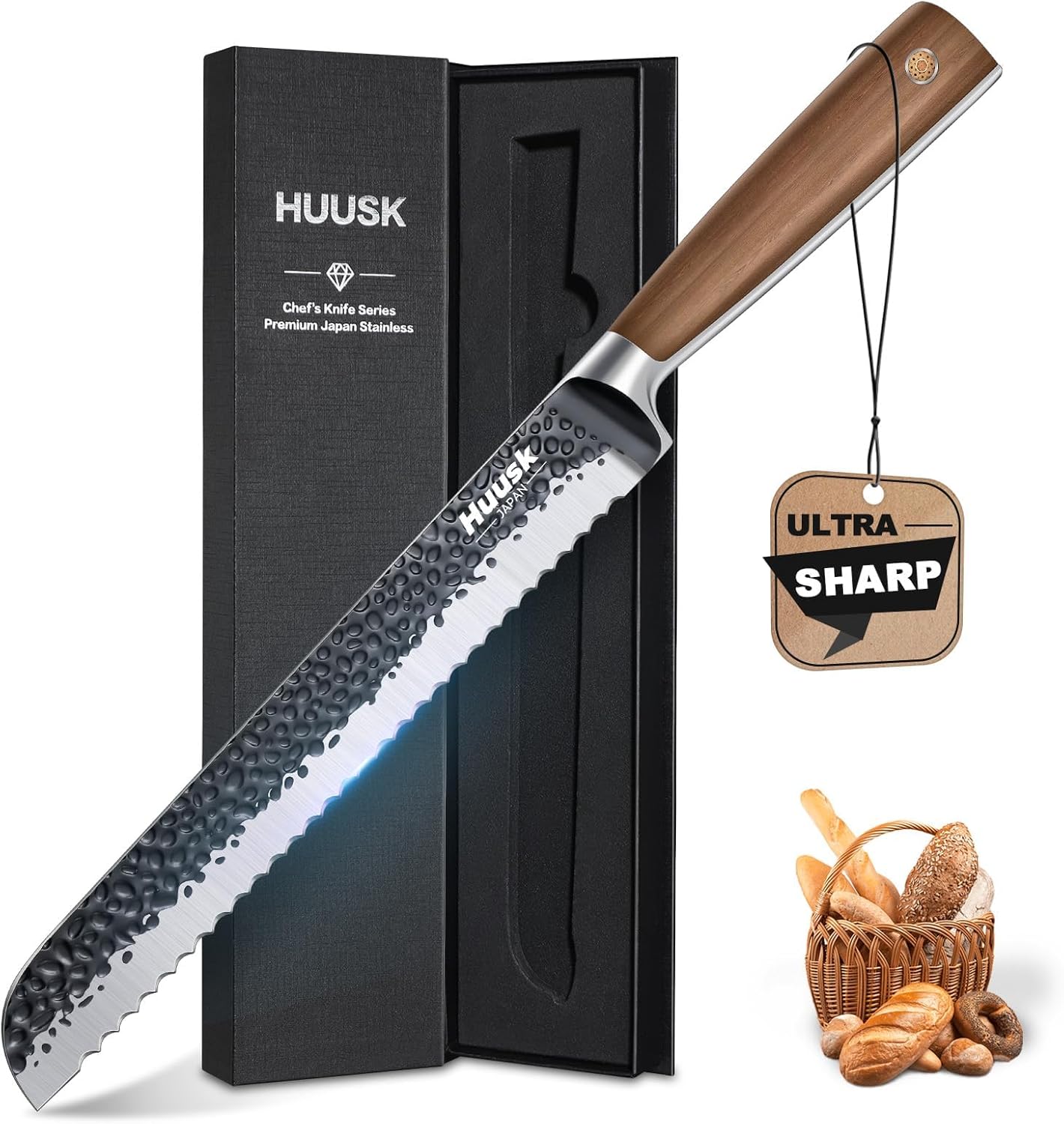 Huusk 8 Inch Serrated Bread Knife with Wavy Edge for Efficient Slicing, Gift Box Included