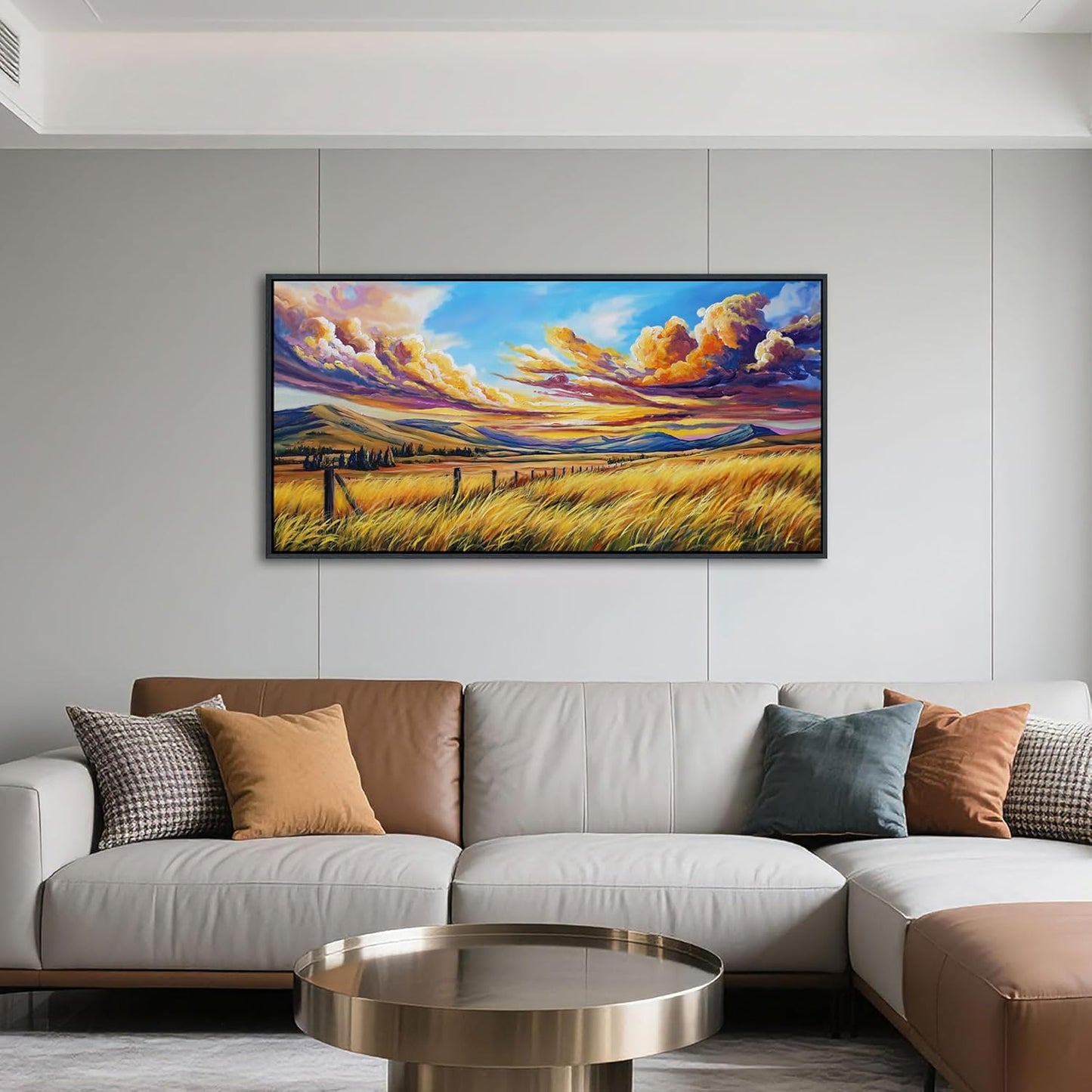 QZQCBLC Yellow Canvas Wall Art, Fall Grass Clouds Landscape Paintings Artwork Endless Mountain Range Rustic Scenery Wall Pictures for Living room Bathroom Bedroom Home Office Decor 20x40 IN