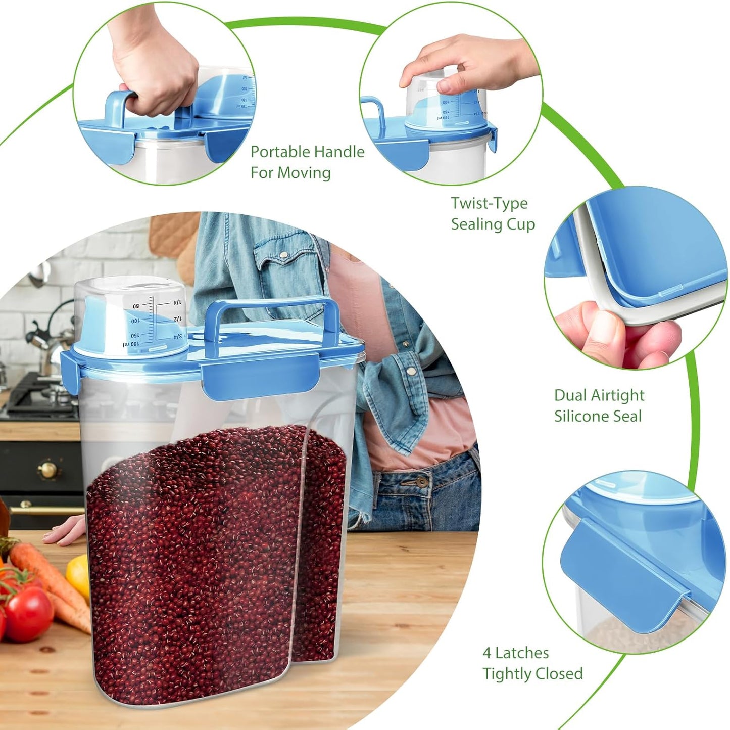 Rice Storage Container, 5 to 10lb Dry Food Airtight Dispenser, Pet Dog Cat Food Canister, BPA Free Clear Plastic Kitchen and Pantry Bin for Oatmeal, Cereal, Pasta, Flour Pack of 2 Blue