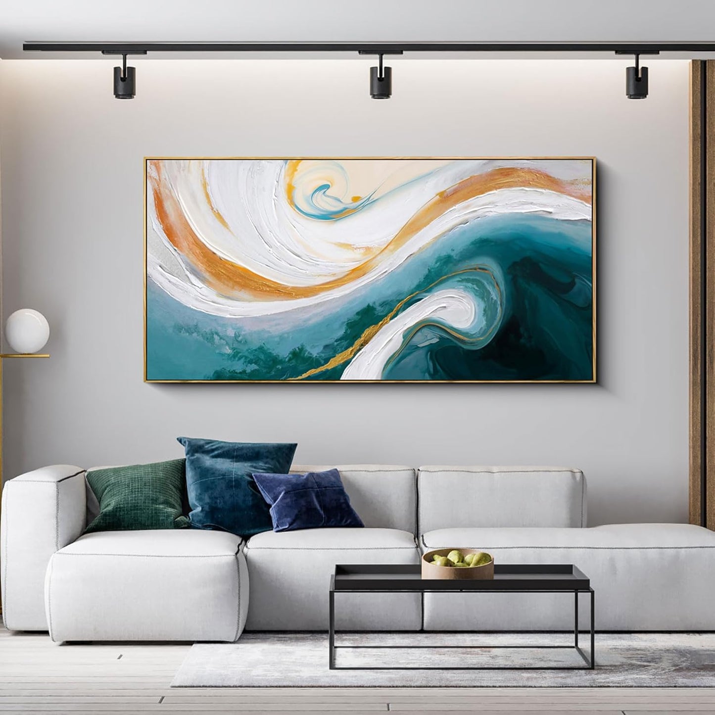 XLSJERST Abstract Canvas Wall Art for Living Room - Large Frame Blue and White Wall Decor Picture Modern Orange Painting Artwork for Bedroom Home Office Decoration Size 58x29 Inches