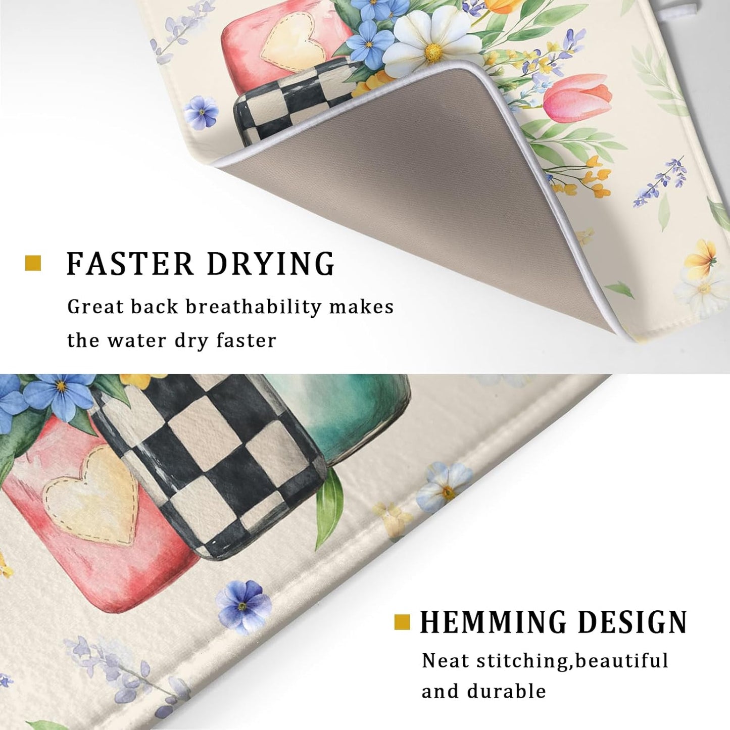 Giwawa Spring Flower Vases Dish Drying Mat for Countertop, 18"x24" Watercolor Floral Mason Jar Dish Drainer Mats, Wildflower Botanical Fast Dry Microfiber Large Dish Drying Pad Decoration