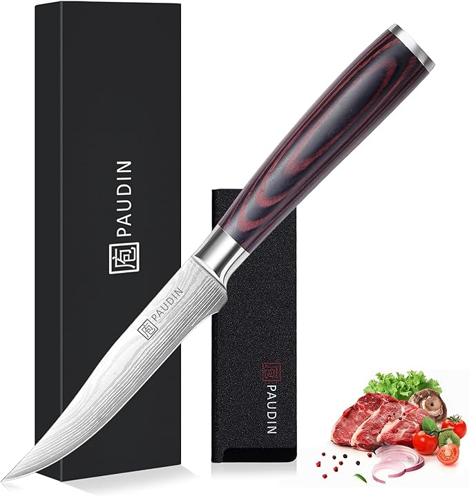 PAUDIN Utility Knife 5 Inch Kitchen Knife, Ultra Sharp High Carbon Stainless Steel Small Chef Knife with Sheath, Kitchen Utility Knife with Ergonomic Pakkawood Handle