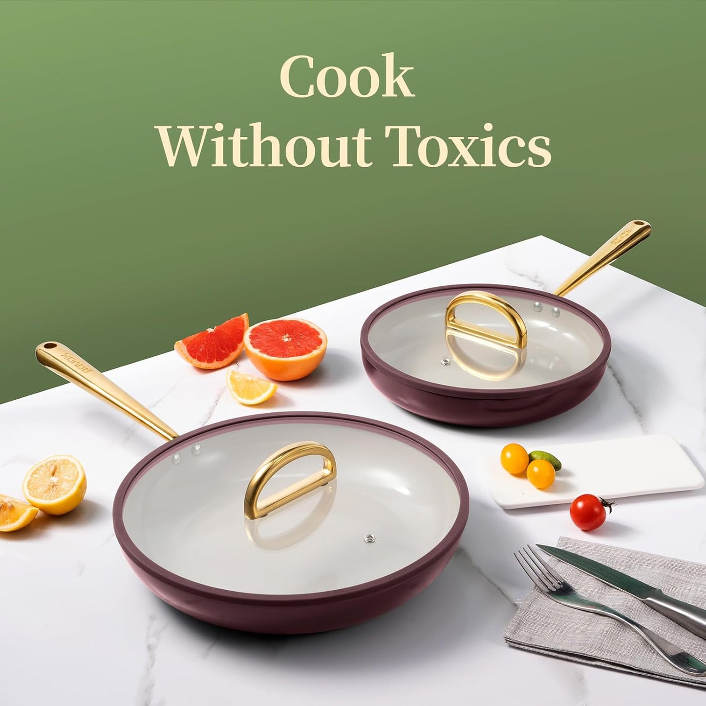 ROYDX Titanium Ceramic Nonstick Fry Pan Set 8", 10" and 12" Frying Pan Skillet Set with Glass Lids-Non Toxic, PTFE & PFOA Free - Oven Dishwasher Safe & Compatible with All Stovetops-Walnut Brown