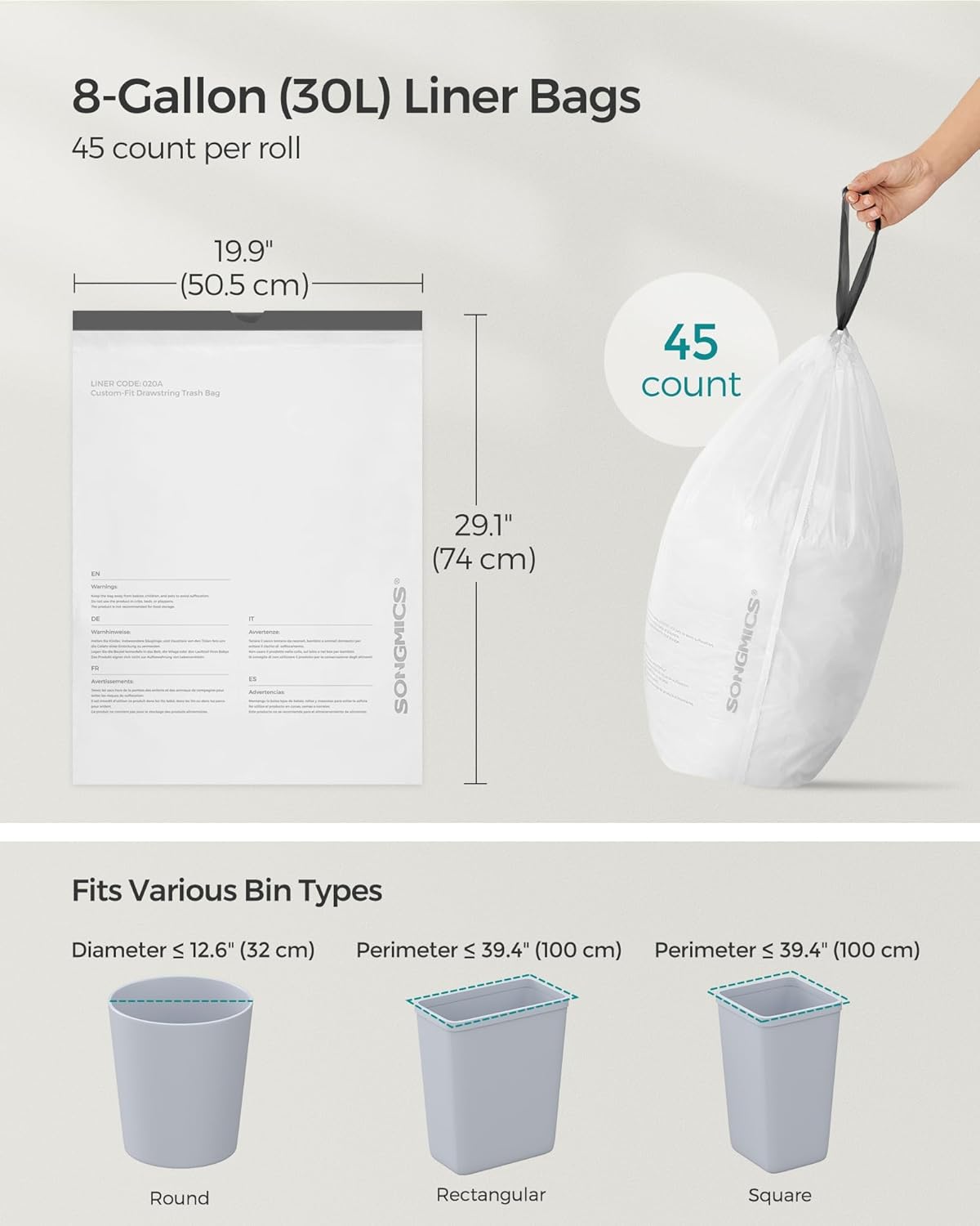 SONGMICS Trash Bags for 8-Gallon (30 L) Trash Cans, Drawstring Kitchen Garbage Bags, Pre-Separated, Liner Code 30A, 2 Rolls, 90 Count, White UKRB30A02