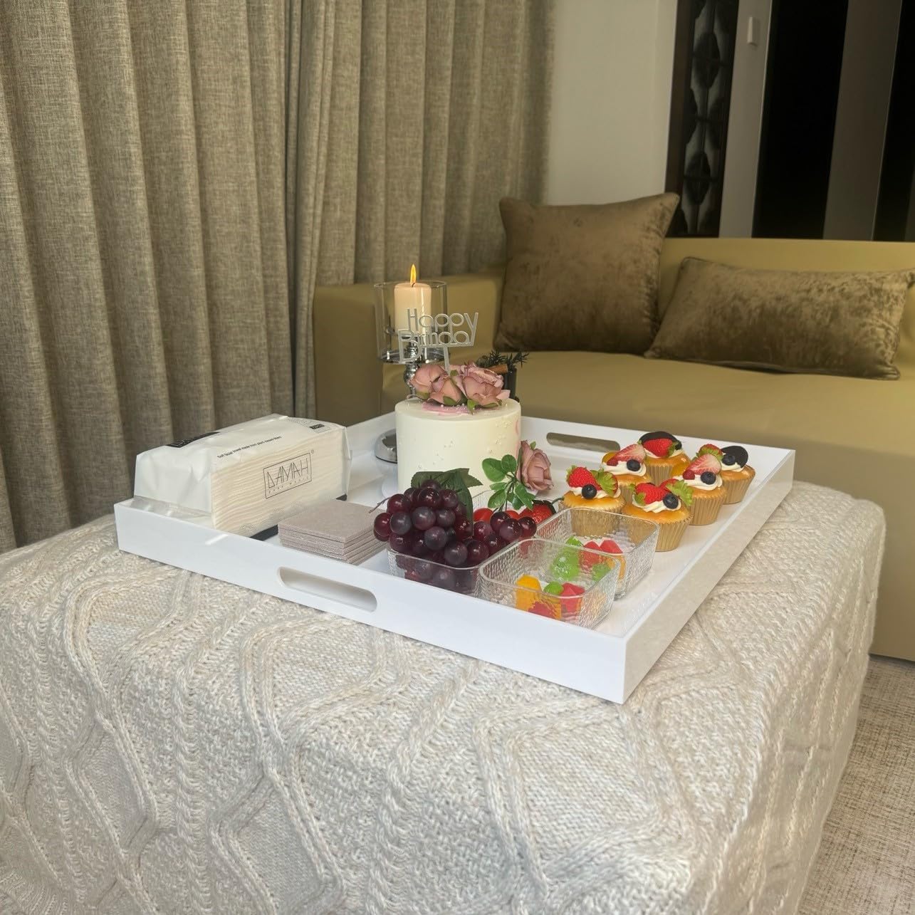 White Modern Acrylic Ottoman Tray with Cutout Handles 22x22 Inch Over-Sized Serving Tray Rubber Boot Tray Organizer Decorative Tray for Living Room, Bedroom,Bathroom and Kitchen Tabletop