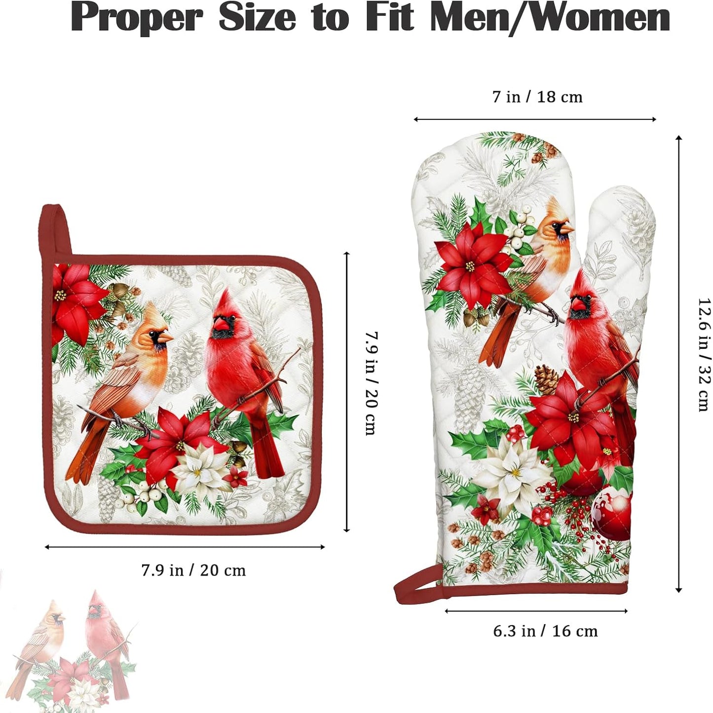 Christmas Cardinal Oven Mitts and Pot Holders Sets 2Pcs, 100% Cotton Heat Resistant, Extra Long Oven Gloves Potholder for Kitchen Cooking Baking Decoration