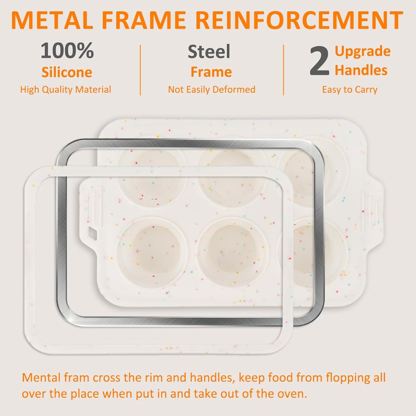 Silicone Muffin Pan for Baking, Collapsible Muffin Pan with Metal Reinforced Frame, Non-stick Silicone Molds for Baking, BPA Free & Oven Safe Cupcake Pan, Regular Size 6 CUP Non-Toxic (2 Pack)