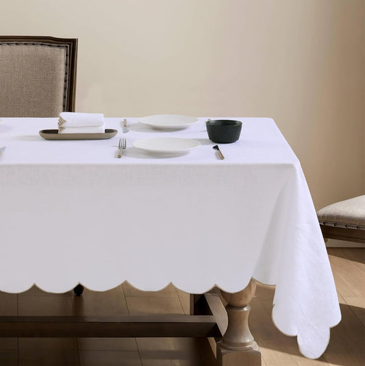 100% Pure Linen Scalloped Embroidery Rectangle Tablecloths 120Lx60W Inch for Dinners, Spring, Machine Machine Washable, 10-12 Sets, White(Edges-Gold)