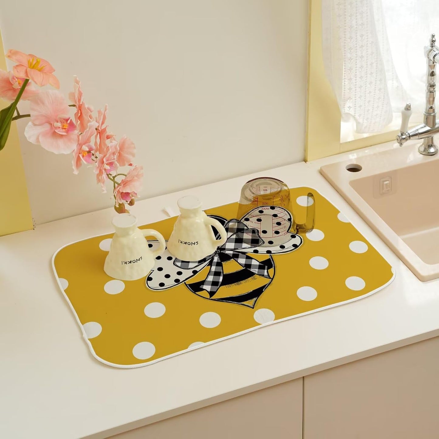 Summer Dish Drying Mat 18 x 24 inch Yellow Bumble bee Polka Dots Decorative Drying Mats Microfiber Absorbent Dish Washable Draining Mat for Kitchen Counter Decor