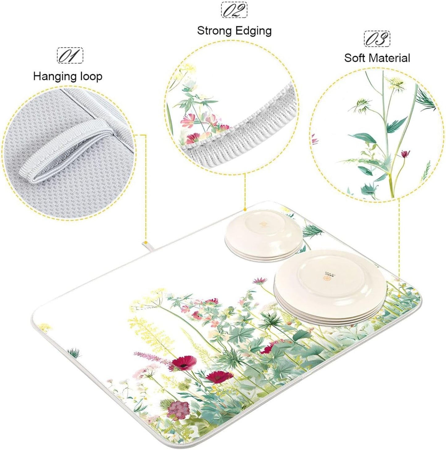 Spring Summer Herbs Flowers Plants Dish Drying Mat for Kitchen Counter Absorbent Dish Drainer Mats Drying Pads 16"x18"