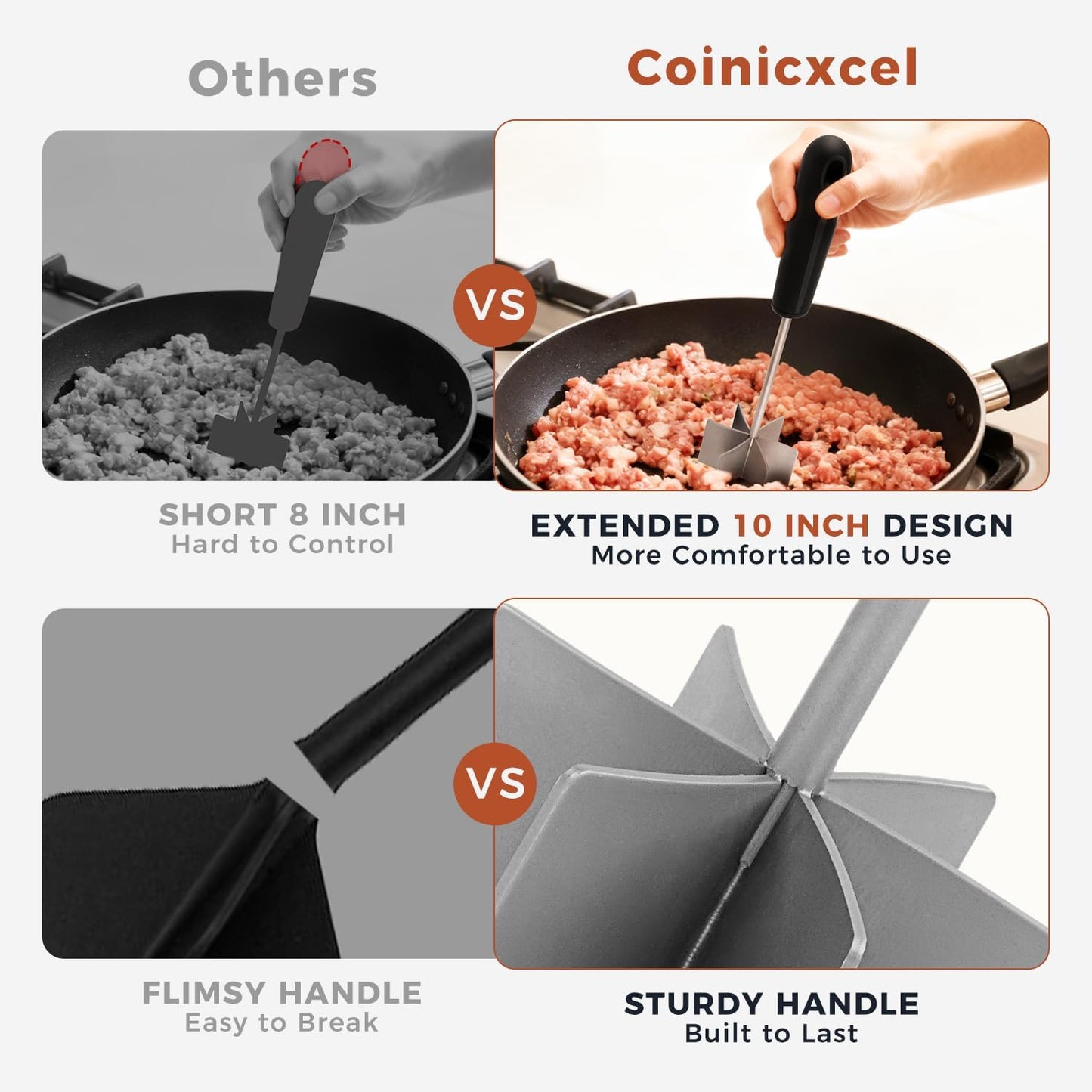 Stainless Steel Meat Chopper & Masher, Coinicxcel 10 Inch Heat Resistant Ground Beef Chopper Tool with 6 Curve Blades & Egonomic Non-Slip Handle, Heavy-Duty Hamburger Smasher Tool Dishwasher Safe