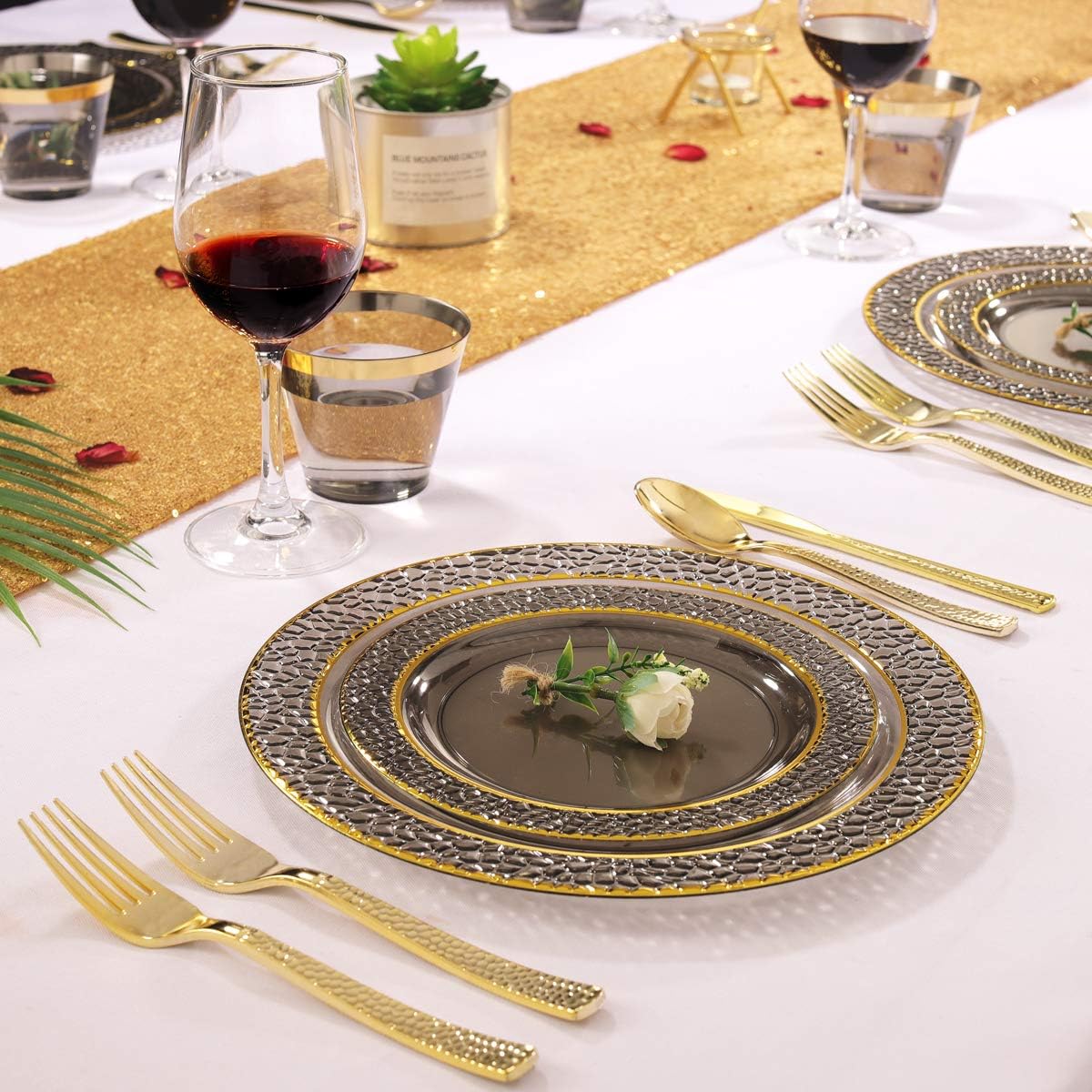 Nervure 150PCS Clear Black Plastic Plates - Gold Party Plates - Black and Gold Dinnerware Set Include: 50 Plate, 25Cups, 25Forks, 25Knives, 25Spoons for New Year & Party & Halloween