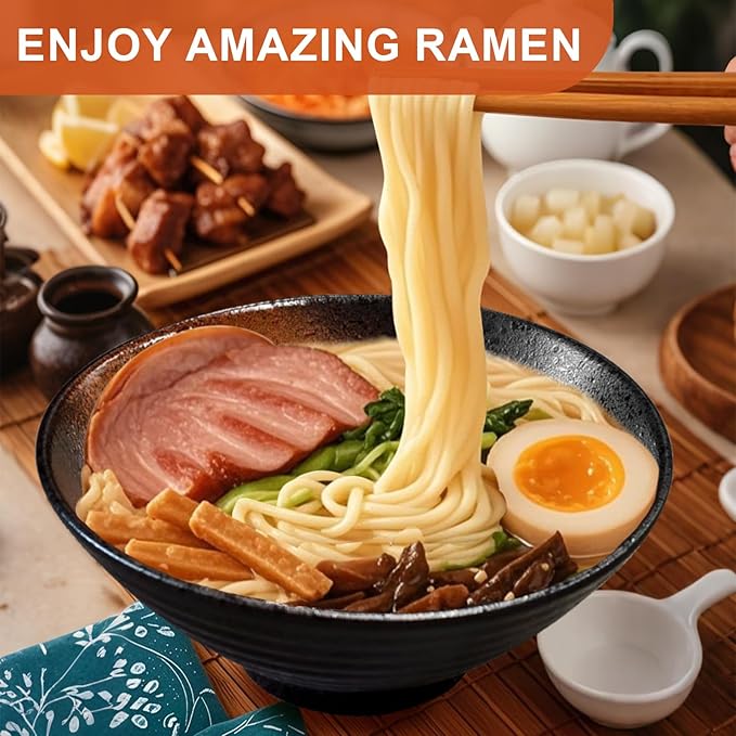 8-Inch Ceramic Ramen Bowl Set of 2 (9 Piece) - Porcelain Japanese Salad Noodles Cereal Fruit Pasta Soup Large Bowls with Recipes Chopsticks Forks Spoons for Men Women Gift Microwave & Dishwasher Safe