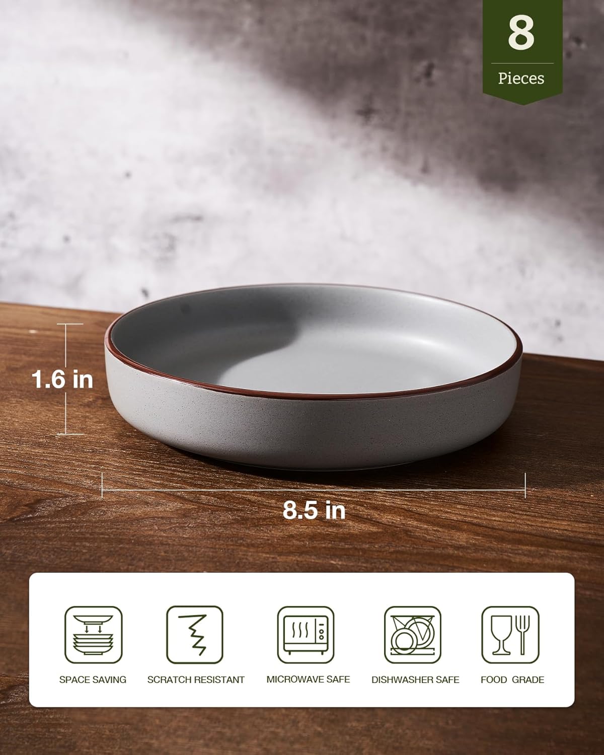 famiware Mercury Pasta Bowls Set of 8, 33 oz Large Salad Bowls, Ceramic Pasta Plates Bowls, Serving Bowls for Kitchen, Microwave & Dishwasher Safe, Dark Gray