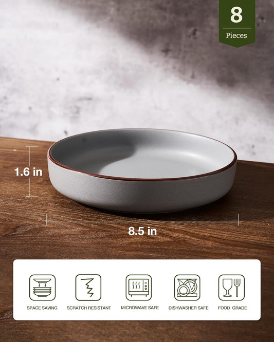 famiware Mercury Pasta Bowls Set of 8, 33 oz Large Salad Bowls, Ceramic Pasta Plates Bowls, Serving Bowls for Kitchen, Microwave & Dishwasher Safe, Dark Gray