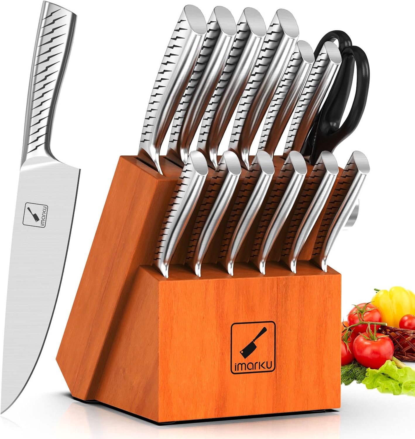 imarku® Knife Set,14-Piece Knife Sets for kitchen with block,Premium One-Piece Kitchen Knife Set with Sharpener,High Carbon Stainless Steel Knives Set for Kitchen,Silver,Dishwasher Safe
