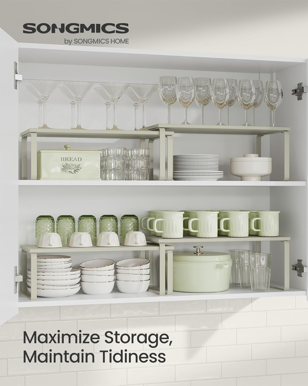 SONGMICS Cabinet Organizer Shelf, Set of 2 Kitchen Counter Shelves, Kitchen Storage, Spice Rack, Stackable, Expandable, Metal and Engineered Wood, Cappuccino Beige UKCS200K01