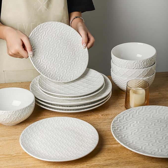 Sureasy Ceramic Dinnerware Sets for 6, 18 Pieces Stoneware Plates and Bowls Sets, Embossed Scratch Resistant Dinner Set, Dishwasher&Microwave Safe, White