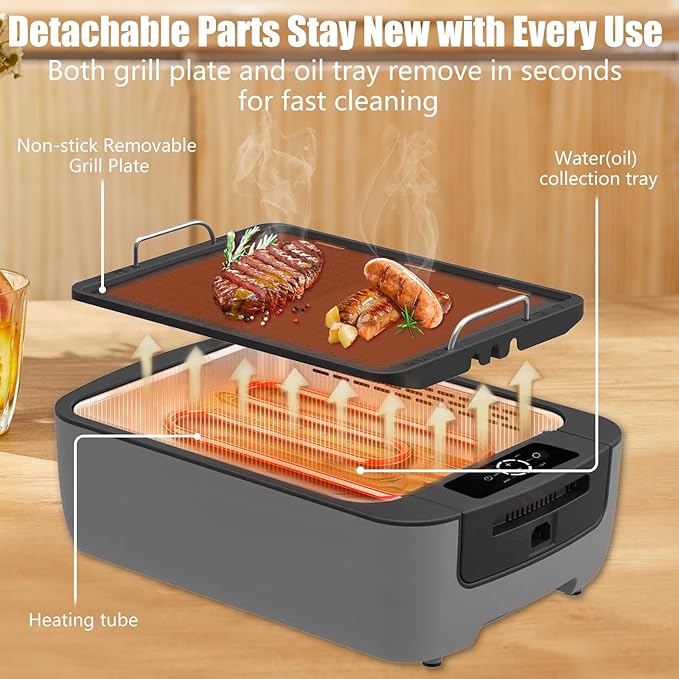 WT-ISG802 Indoor Smokeless Grill – 1100W Electric Grill Indoor with Dual Turbo Smoke Extractor, Dishwasher Safe Plates, Portable and Detachable Indoor Electric Smokeless Grill with Drip Pan