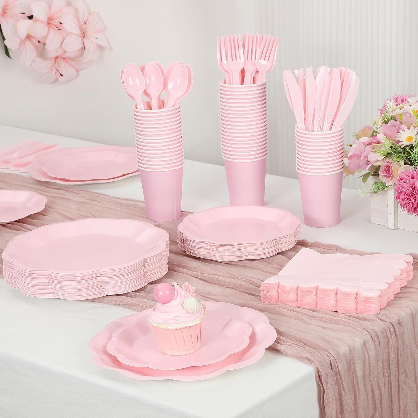 175 Pcs Pink Plates and Napkins Set, 25 Guest Pink Party Supplies Include Scalloped Plate Napkin Cup Forks Knives Disposable Plastic Cutlery for Wedding Baby Shower Birthday Party