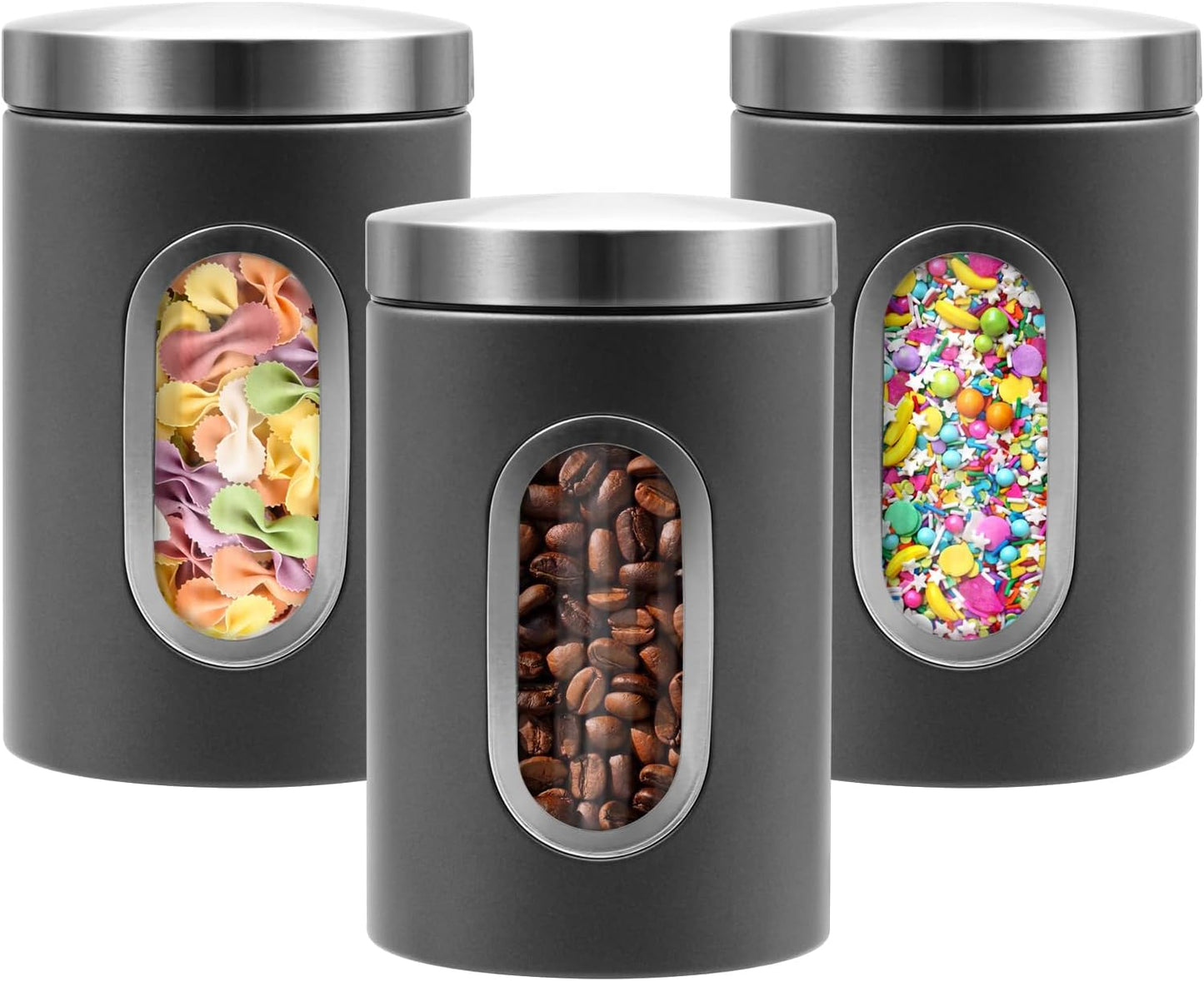Canisters Sets for the Kitchen, 3pcs Sugar Flour Tea Coffee Storage Jars Stainless Steel Food Container Organizer for Kitchen Counter with Transparent Window (grey)