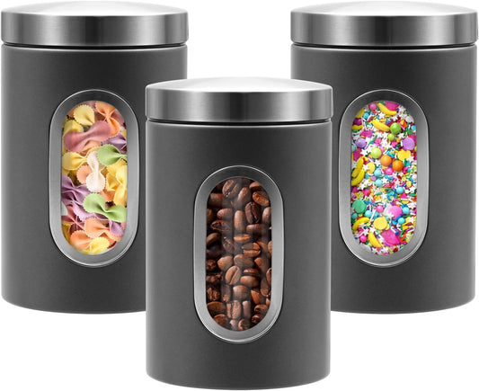 Canisters Sets for the Kitchen, 3pcs Sugar Flour Tea Coffee Storage Jars Stainless Steel Food Container Organizer for Kitchen Counter with Transparent Window (grey)