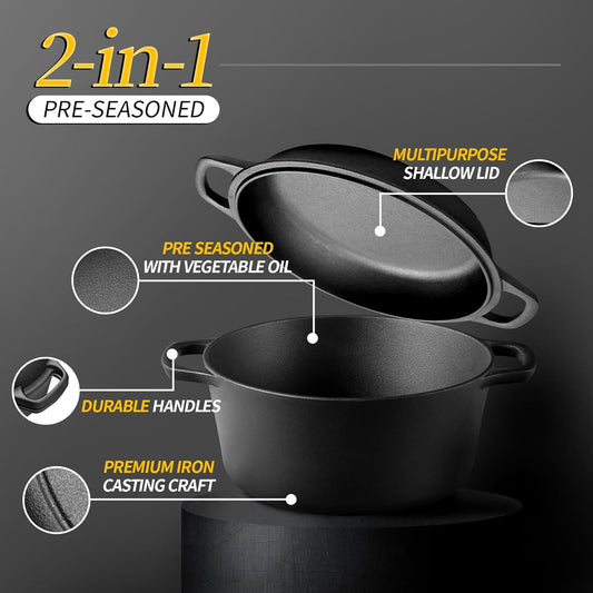 2-in-1 Pre-Seasoned Cast Iron Dutch Oven Pot with Skillet Lid Cooking Pan, Cast Iron Skillet Cookware Pan Set with Dual Handles Indoor Outdoor for Bread, Frying, Baking, Camping, 7QT