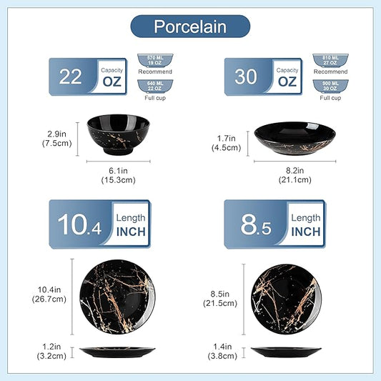 LOVECASA Plates and Bowls Sets for 6, 24 Pieces Porcelain Dinnerware Sets, Black and Gold Dish Set Gold Splash Dishware Sets, Dishwasher Microwave Safe