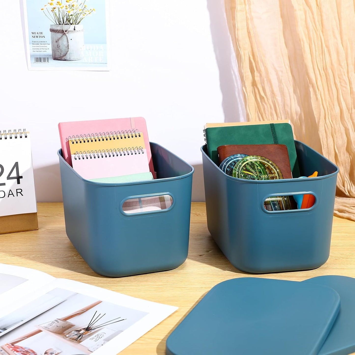 Hoolerry 8 Pieces Colorful Storage Bins with Lid, Plastic Storage Basket Organizing Container Stackable Box with Handle for Shelves Desktop Playroom Office(16.1 x 12.0 x 9.7 Inch,Blue)