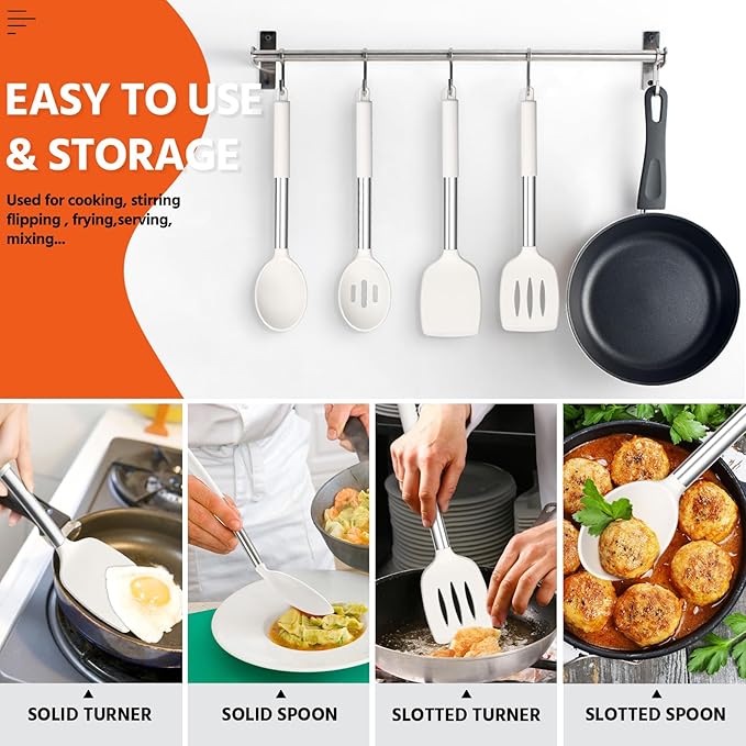E-far Cooking Utensils Set of 4, Silicone Kitchen Utensils for Non-stick Cookware, Heat Resistant & Non-toxic Slotted Spatula Solid Spoon Turner for Flipping Mixing Serving Basting(White)