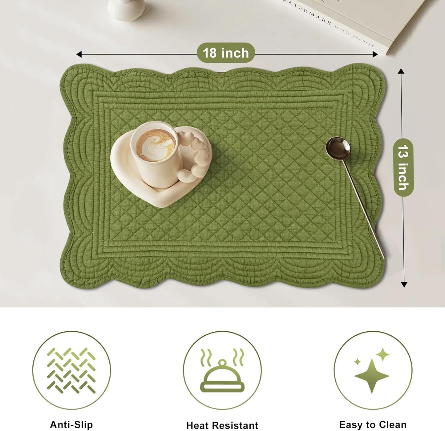 6 PC Quilted Placemats, 18"X13"Extra Large Cotton Placemats Set of 6, 100% Cotton Fabric Washable Cloth Table Mats for Kitchen & Dining Table - Soft &Easy Clean(Olive Green, Rectangular)